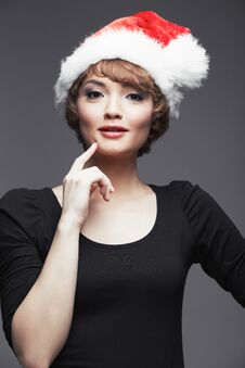 Model Wearing In Black Dres. Santa Girl Portrait With Chri Stock Photos