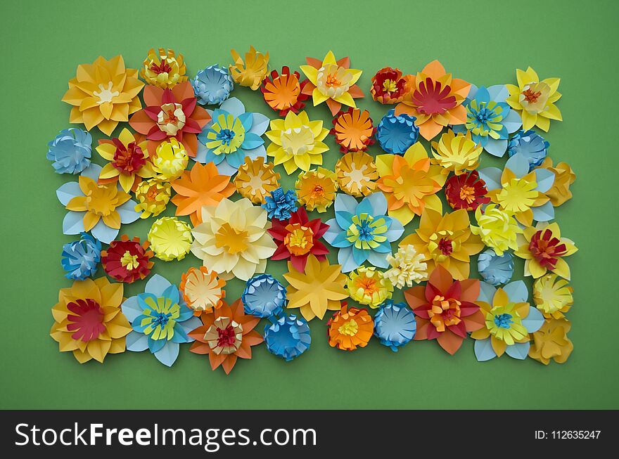 Paper craft Flower Decoration Concept Border Green background Flowers Handmade Design Papercraft Art