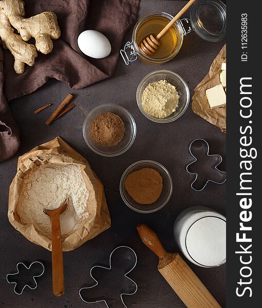 Set ingredients cooking festive Christmas gingerbread cookies kitchen top view