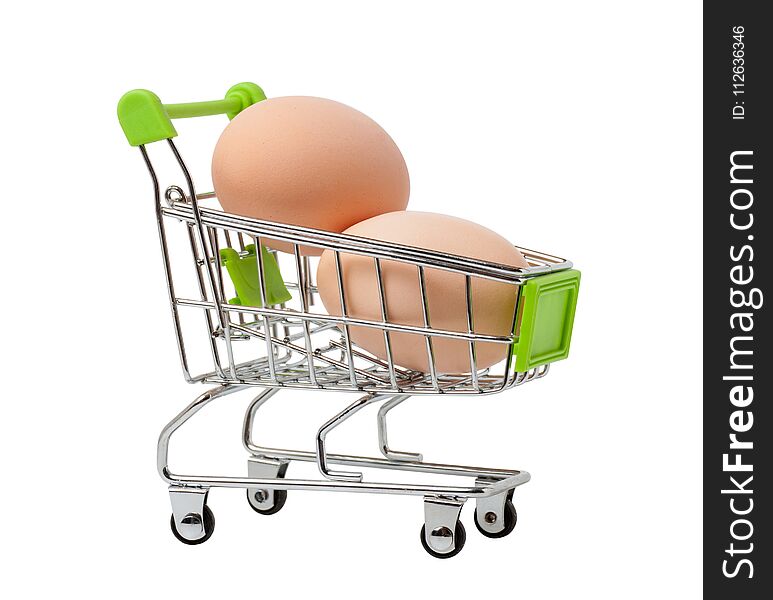 Brown chicken eggs in a shopping basket, isolated on a white background