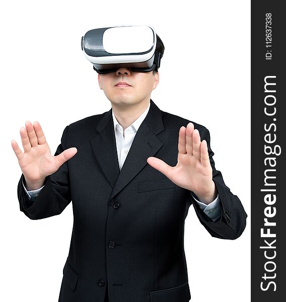 Close up of businessman in a formal wear and virtual reality glasses.