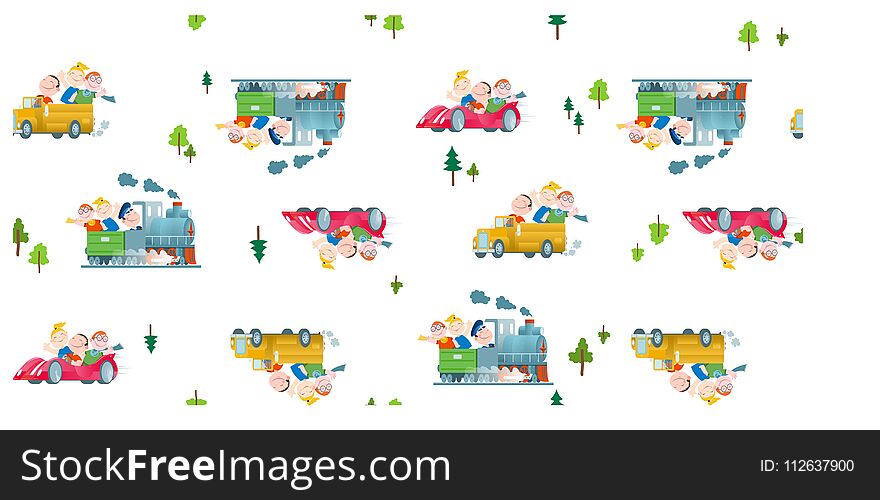 Seamless pattern of cartoon funny children go by lant transport car, schoolbus and train. Seamless pattern of cartoon funny children go by lant transport car, schoolbus and train