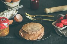 Ingredients For Pancakes, Jam, Eggs, Flour And Strawberries Stock Photography