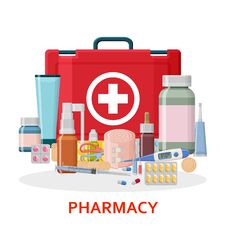 Pharmacy Background. Medical First Aid Kit With Different Pills, Plaster, Bottles And Thermometer, Syringe Royalty Free Stock Photography