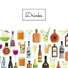 Vector Background With Alcoholic Drinks In Glasses And Bottles And With Place For Text Royalty Free Stock Images