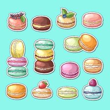 Vector Stickers Set With Colored Hand Drawn Macaroons Royalty Free Stock Photography