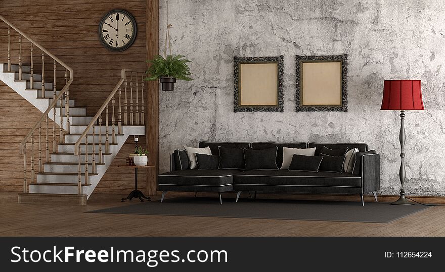 Retro Room With Stair And Sofa