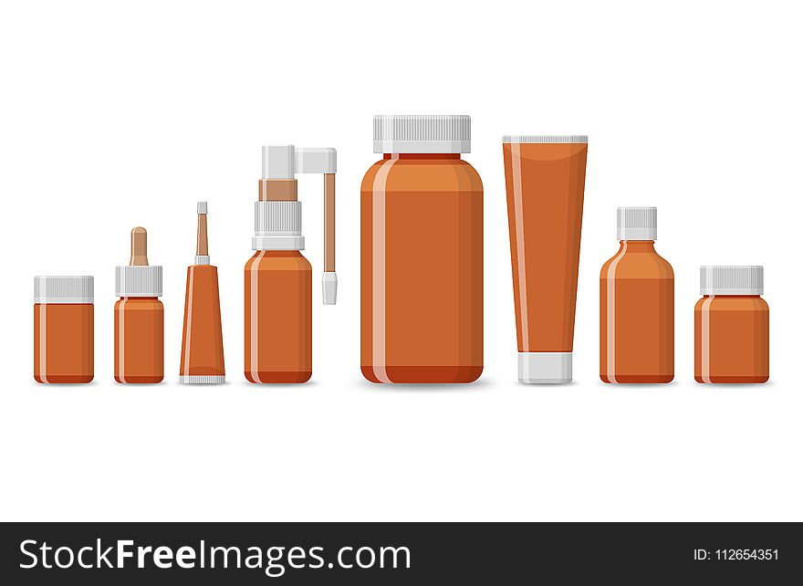 Set of blank package for medical product on a white background. Vector mockup. Glass brown tubes for pharmacy drugs isolated on white background.
