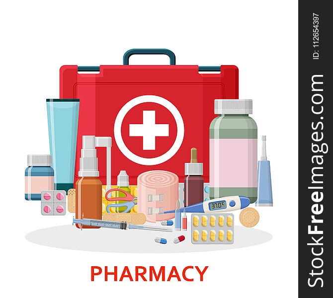 Pharmacy background. Medical first aid kit with different pills, plaster, bottles and thermometer, syringe. Vector illustration