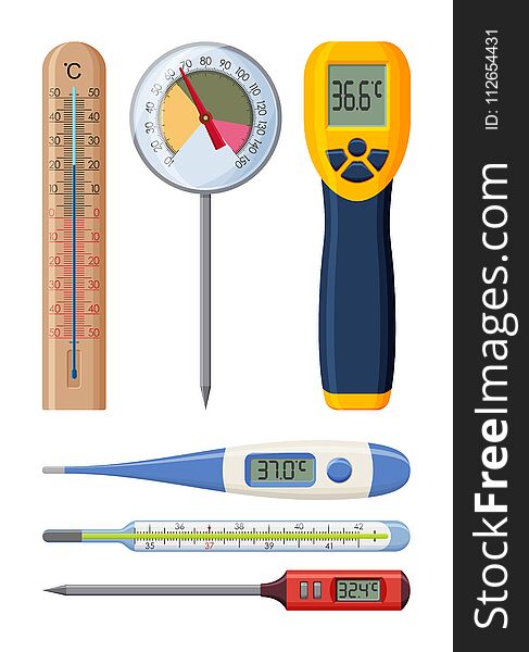 Set of realistic thermometers for different needs. Medical and cooking. Vector illustration.