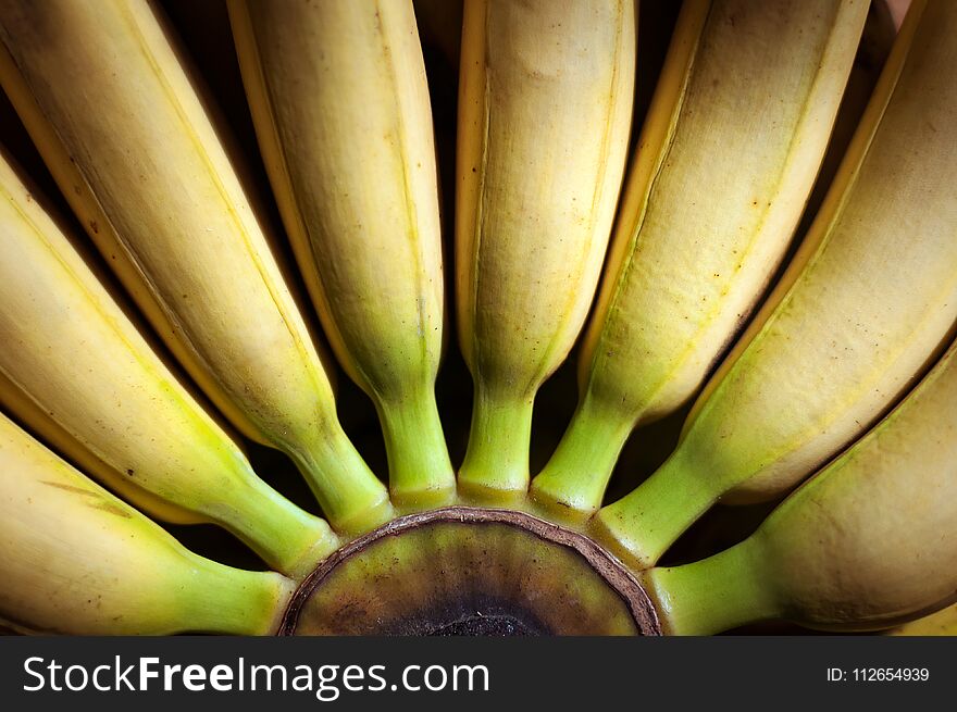 A bunch of yellow bananas on a wooden background.