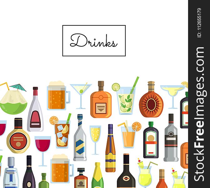 Vector banner background with alcoholic drinks in glasses and bottles and with place for text for drinks menu illustration. Vector banner background with alcoholic drinks in glasses and bottles and with place for text for drinks menu illustration