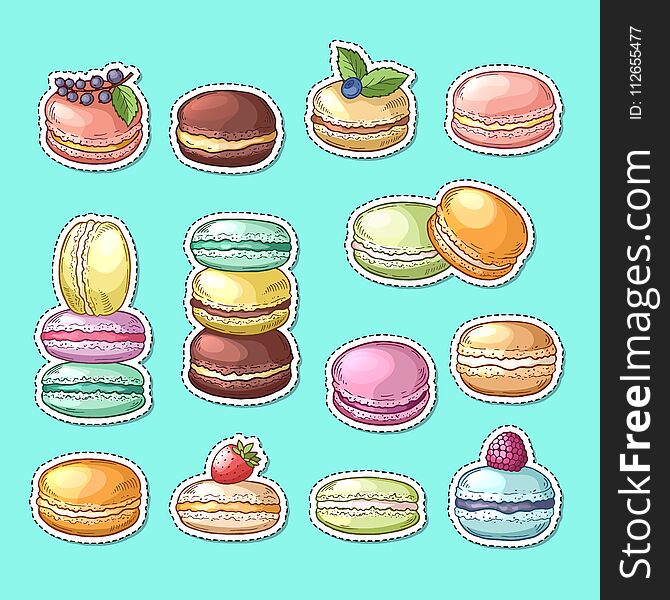 Vector stickers set with colored hand drawn sweet macaroons isolated illustration. Vector stickers set with colored hand drawn sweet macaroons isolated illustration