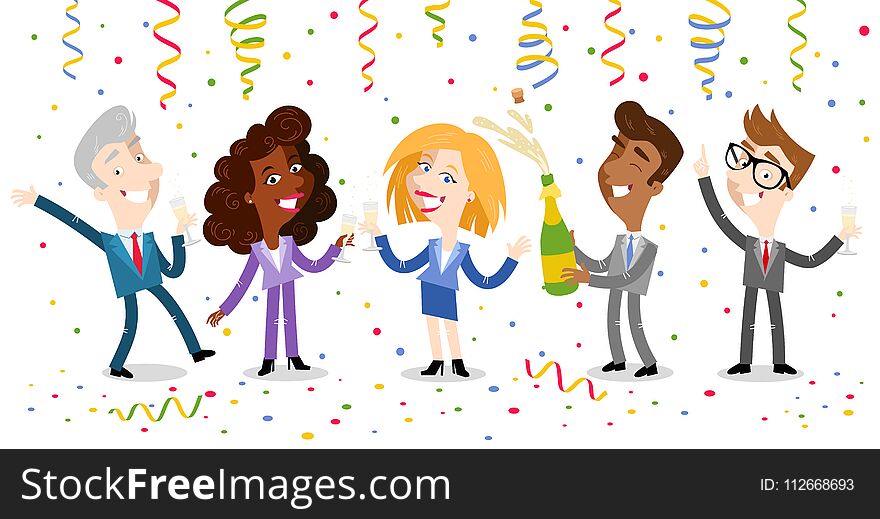 Vector Illustration Of Group Of Happy Cartoon Business People Celebrating And Drinking Champagne With Festoons And Confetti