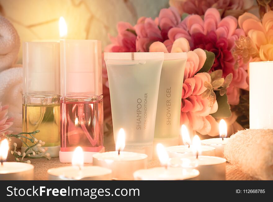 Bath Set With Candle In Bathroom.Body Care Product In Packageing Setting.Healthy Concept. Spa Concept.