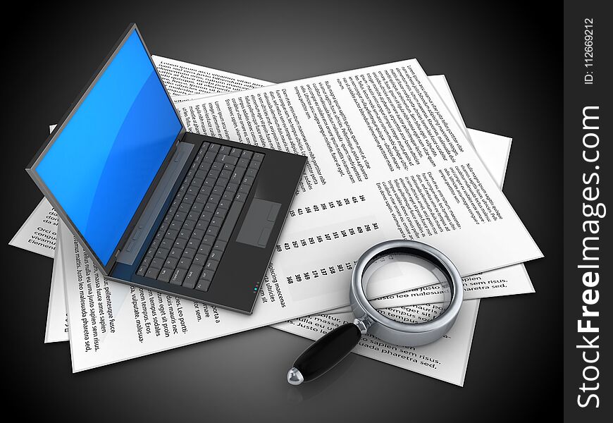 3d illustration of papers and black laptop over black background. 3d illustration of papers and black laptop over black background