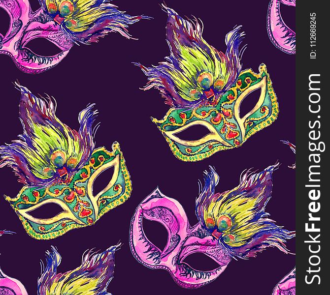 Carnival masks, dark purple background, seamless pattern design, hand painted watercolor illustration. Carnival masks, dark purple background, seamless pattern design, hand painted watercolor illustration