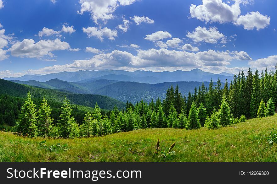 Panorama of beautiful wooded hills and blue sky with white clouds. Panorama of beautiful wooded hills and blue sky with white clouds.