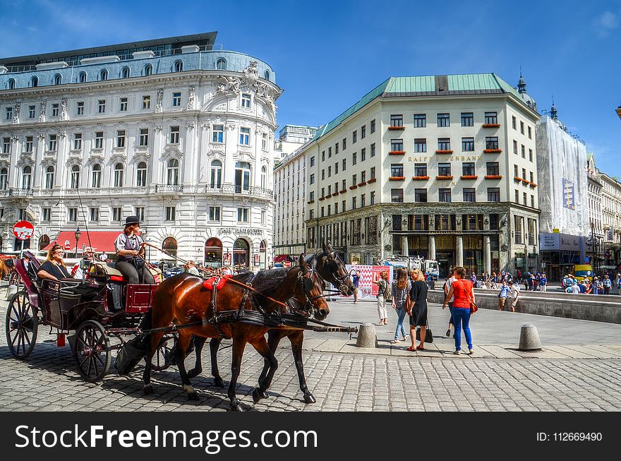 Person On Carriage With Two Horses Near Concrete Building