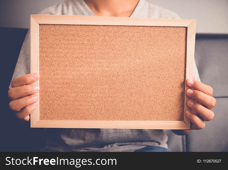 Your Text Here. Pretty Young Excited Woman Holding Empty Blank Board.