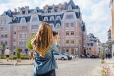 Happy, Excited, Stylish Young Woman Taking Photo Of Landmark In New Old Beautiful Euripean City Rear Back Behind Close Up View Pho Royalty Free Stock Photography Happy, Excited, Stylish Young Woman Taking Photo Of Landmark In New Old Beautiful Euripean City Rear Back Behind Close Up View Pho Royalty Free Stock Photography
