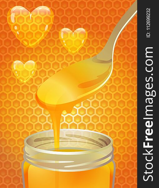 spoon and a jar of honey against a background of bee honeycombs and hearts. spoon and a jar of honey against a background of bee honeycombs and hearts