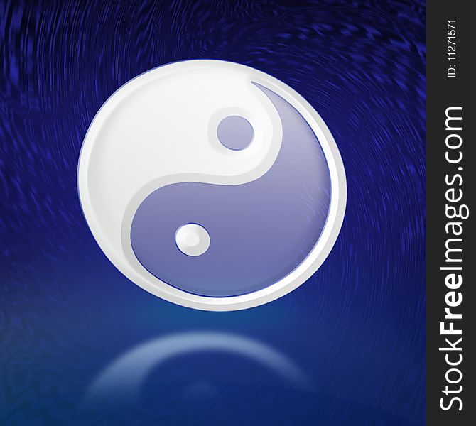 White yin and yang symbol over blue abstract background with reflection. White yin and yang symbol over blue abstract background with reflection