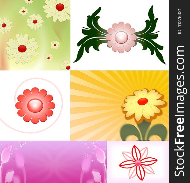 A collection of different symbols and backgrounds with flowers. A collection of different symbols and backgrounds with flowers