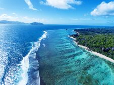 Seychelles Seascape As Seen From The Drone, La Digue Island Stock Images