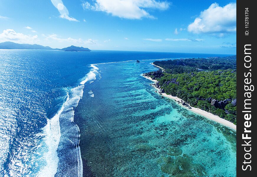 Seychelles Seascape As Seen From The Drone, La Digue Island