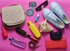 What S In The Women S Bag Going On A Trip. Girly Fashionable Spring And Summer Accessories. Stock Photos