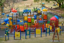 Modern Playground Castle , Climbing Bars And Slides In Outdoor P Royalty Free Stock Photo