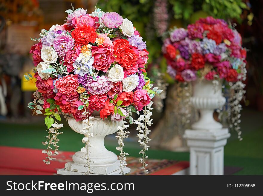 Fake Flower And Floral Background. Rose Flowers Made Of Fabric. The Fabric Flowers Bouquet.