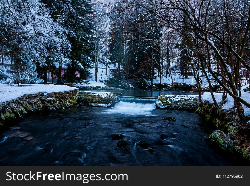 The famous and attractive park Vrelo Bosne in Bosnia and Herzegovina covered by snow. The famous and attractive park Vrelo Bosne in Bosnia and Herzegovina covered by snow