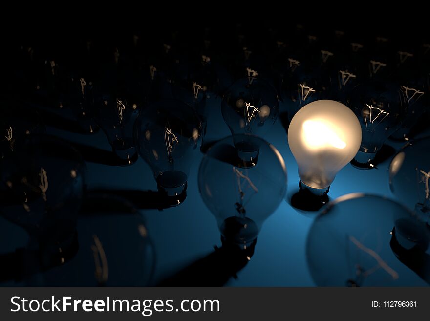 Group of countless bulbs and one of them is bright, 3D Render and illustration of light bulb. Idea and business concept.
