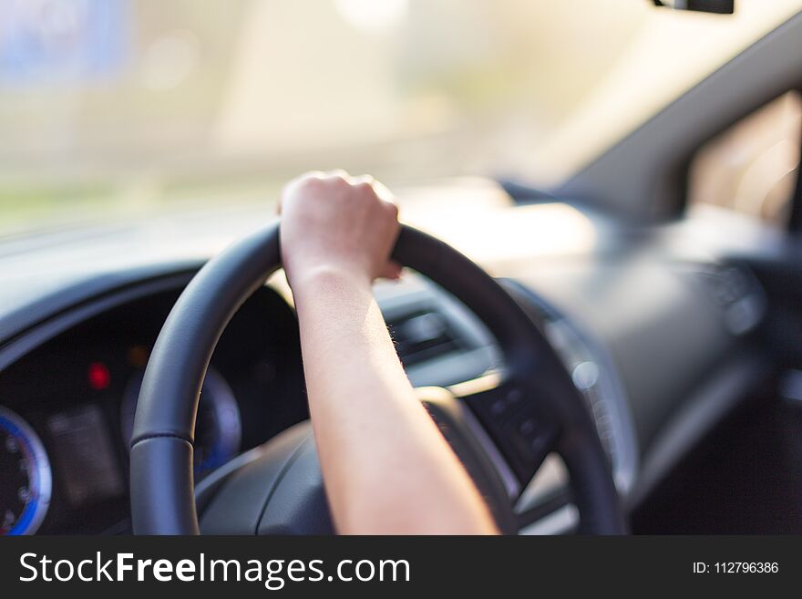 Car steering wheel close-up