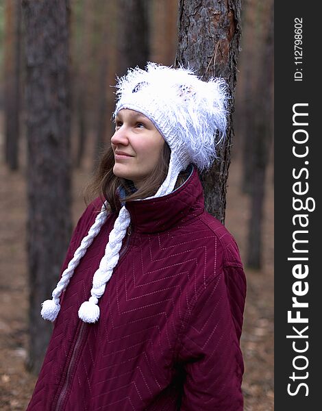 Cute Rural Woman In Autumn Forest