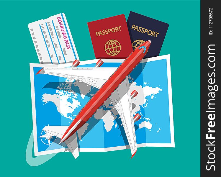 Airplane top view. Passenger or commercial jet, boarding pass and passport. Paper world map. Cartography and geography. Aircrfat lat style. Journey or vacation, business trip. Vector illustration. Airplane top view. Passenger or commercial jet, boarding pass and passport. Paper world map. Cartography and geography. Aircrfat lat style. Journey or vacation, business trip. Vector illustration