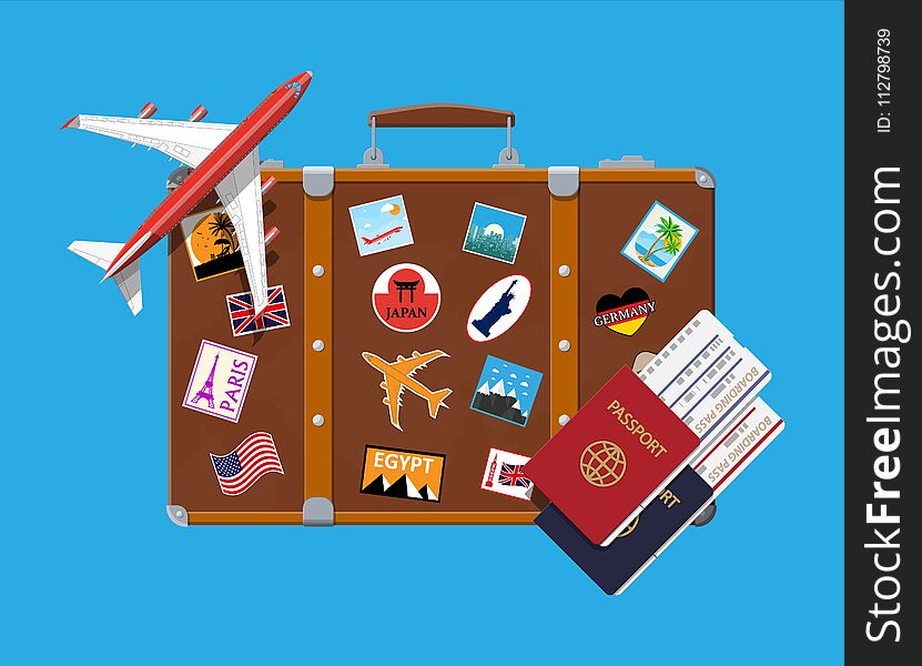 Travel suitcase with stickers of countrys and citys all over the world. Airplane. Passport and boarding pass. Vacation and holiday. Vector illistration in flat style. Travel suitcase with stickers of countrys and citys all over the world. Airplane. Passport and boarding pass. Vacation and holiday. Vector illistration in flat style