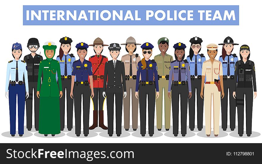 International police people concept. Detailed illustration of SWAT officer, policeman, policewoman and sheriff from