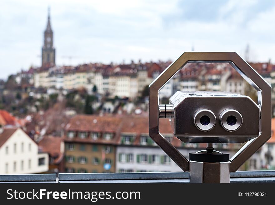 Panoramic view of Bern old town and binoculars, Switzerland. Panoramic view of Bern old town and binoculars, Switzerland