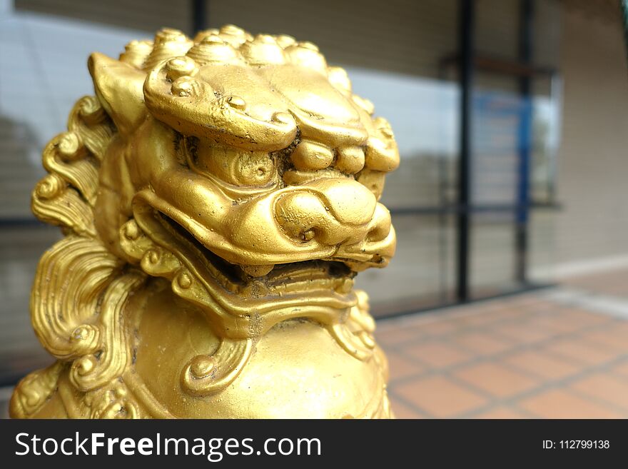 Chinese gold lion, selective focus on the head of a lion.