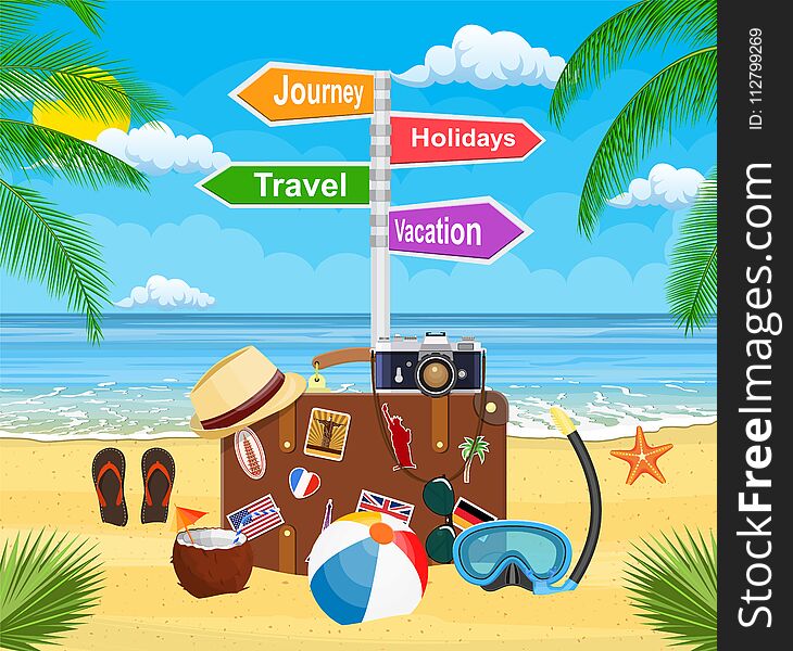 Vintage old travel suitcase on beach. Leather retro bag with stickers. Hat, photo camera, eyeglasses, flip flops, coconut.signpost vacation, travel, journey, holidays. Vector illustration flat style