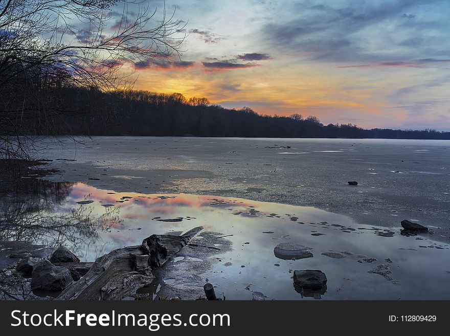 Green Tree Line Near Body of Water at Golden Hours