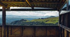 Adventure Trip Camping Concept. Scenic View Of Mount Elbrus From The Veranda Window Royalty Free Stock Image
