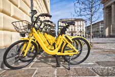 Bicycles In Public Use In The City Stock Images