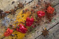 Hot Chili Peppers On A Rustic Farmhouse Table Stock Image Hot Chili Peppers On A Rustic Farmhouse Table Stock Image