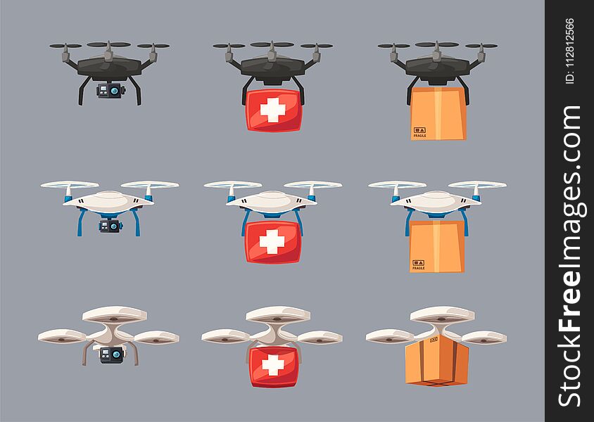 Set of drones. Delivery, medical, photo and video copters. Cartoon vector illustration. Remote control