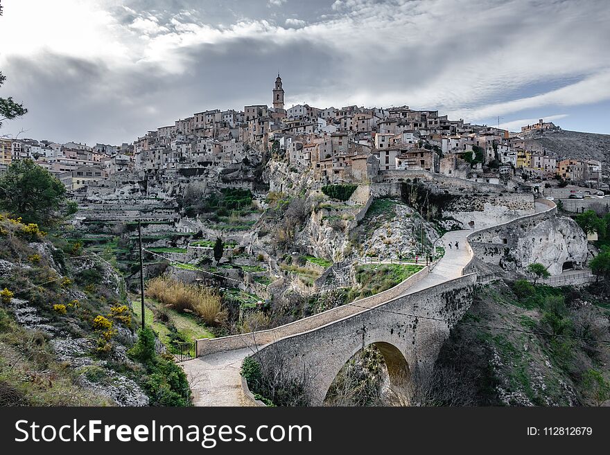 Panoramic view of the town of Bocairent, a classic hillside town in Spain. Panoramic view of the town of Bocairent, a classic hillside town in Spain