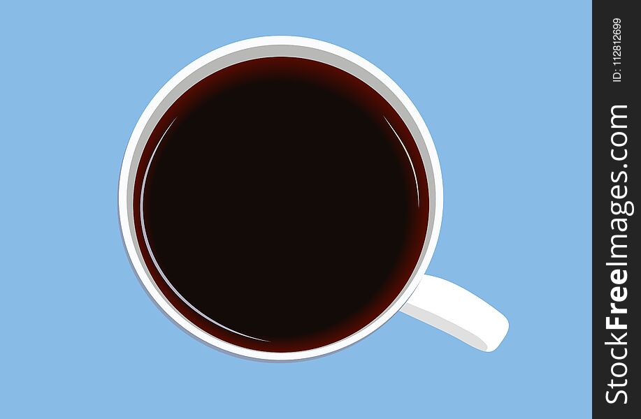 White cup of coffee on a blue background, vector, top view.